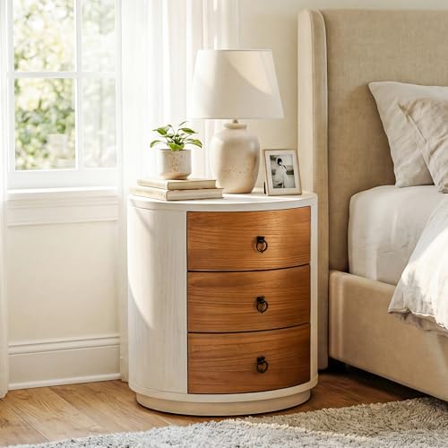 COSIEST 3 Drawer Chest of Drawers, 20 inch MDF Round Storage Cabinet, Retro Whitewash Finish Nightstand, Wood Bedside Table with Drawers for Bedroom Living Room - color: Wood Color-round