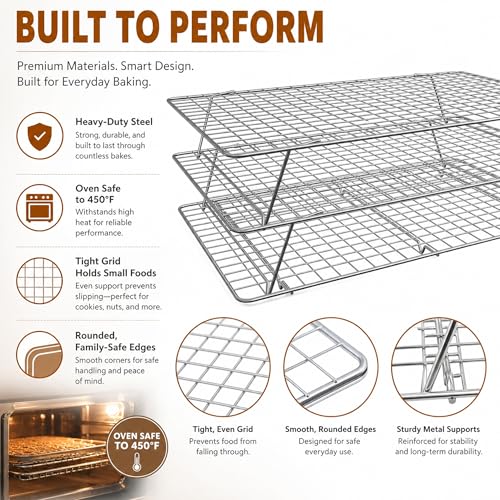 Cooling Rack 16"x10", 3-Tier Stackable & Collapsible Cooling Racks | Cooling Racks for Cooking and Baking, Roasting, Grilling, Oven & Dishwasher Safe (Silver, 3-Tier-SL) - color: Silver, size: 3-Tier-SL