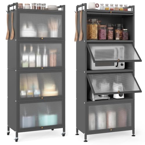 GIANTEX 5-Tier Kitchen Storage Cabinet, 4 PC Doors, Rolling Wheels, Grey | Mobile Metal Pantry Cabinet with 4 Hooks & Adjustable Feet, 60" Baker's Rack Microwave Stand for Dining & Living Room - color: Grey, size: 23.5"Lx12.5"Wx60"H