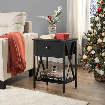 VECELO End Tables, Modern Nightstand with Drawer & Shelf, Night Stand for Bedroom Living Room ,Industrial Metal Frame - color: Black, size: End Table
