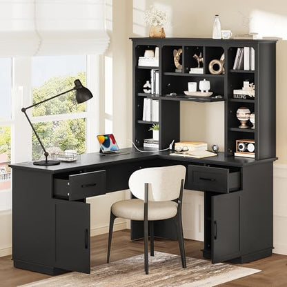 L-Shaped Home Executive Desk with 2 Cabinets and 2 Drawers, Computer Desk with Power Outlet, 11 Open Shelves and 1 Right Flip Shelf with Storage for Study, Living Room and Office (Black-02) - color: Black-02