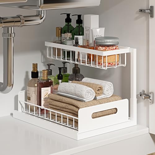 REALINN Under Sink Organizer, Pull Out Cabinet Organizer 2 Tier Slide Out Sink Shelf Cabinet Storage Shelves, Under Sink Storage for Kitchen Bathroom Cabinet, White, 1 Pack - color: White, size: 1 Pack