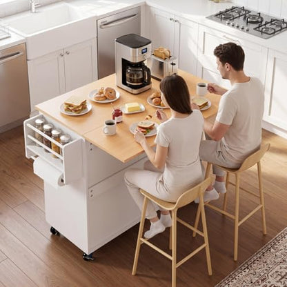VEVOR Kitchen Island Cart with Storage, 46.06 in Wide Mobile Rolling Storage Island on Swivel Wheels, with Drawer, Storage Cabinet, Drop Leaf, Spice/Towel Rack, Table for Home Dining Room, White - size: 46.06"W (dropleaf)