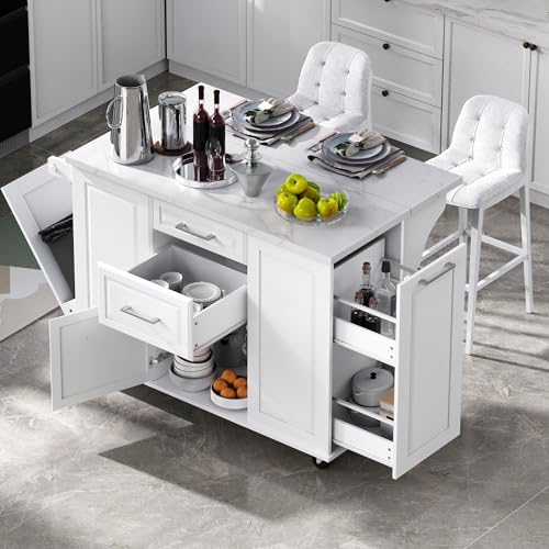 Kitchen Island with Trash Can Storage Cabinet and Faux Marble Top | White, 50.7" Rolling Kitchen Cart on Wheels with Drop Leaf, Spice Rack, Towel Rack and Adjustable Shelf for Dining Room - color: White