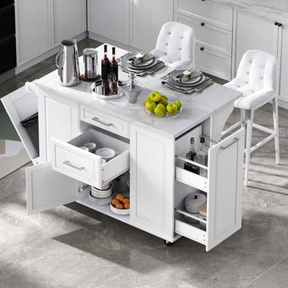 Kitchen Island with Trash Can Storage Cabinet and Faux Marble Top | White, 50.7" Rolling Kitchen Cart on Wheels with Drop Leaf, Spice Rack, Towel Rack and Adjustable Shelf for Dining Room - color: White