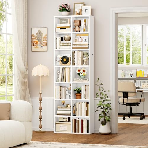FOTOSOK 71'' Tall Bookshelf with 14 Cubes, 7 Tier Double Wide White Bookshelf with 6 Adjustable Shelves, 19.6" Narrow Bookcase DVD/CD Media Storage, Space Saving Display Shelf Cabinet, White - color: White