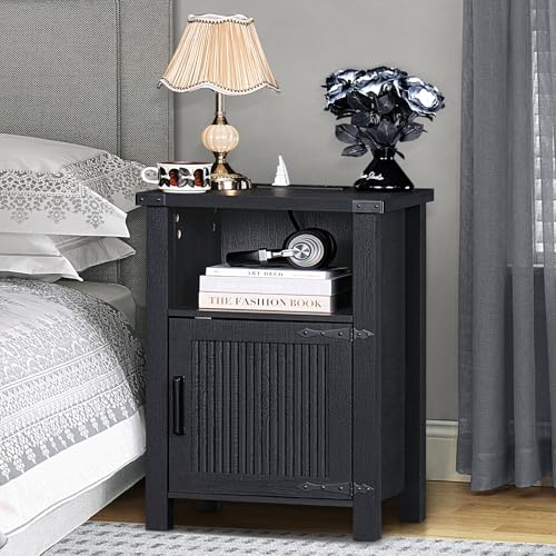 Joaxswe Night Stand, 18 Inch Farmhouse Nightstand with with Charging Station and USB Port, Rustic Couch End Table with Magnetic Door, Wood Bed Side Tables for Bedroom, Home, Black - color: Black