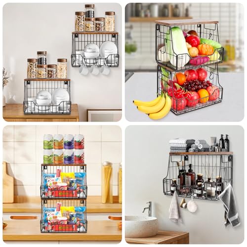 Livabber Fruit Basket for Kitchen, Metal Fruit Vegetable Storage Bin with 2 Banana Hangers, Countertop Wire Basket Organizer for Snack Potato Onion, Screw Mounted or Stand (Black, 2 Pack) - style: 2 Pack