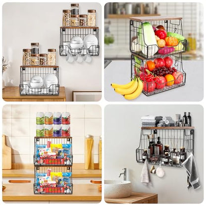 Livabber Fruit Basket for Kitchen, Metal Fruit Vegetable Storage Bin with 2 Banana Hangers, Countertop Wire Basket Organizer for Snack Potato Onion, Screw Mounted or Stand (Black, 2 Pack) - style: 2 Pack