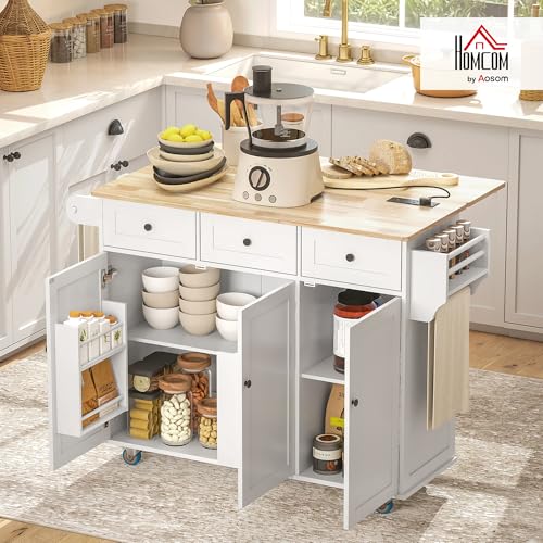 HOMCOM Kitchen Island with Drop Leaf and Power Outlet, Rolling Cart with Storage Cabinets, Solid Wood Island Table on Wheels for Kitchen with 3 Drawers, Towel Bars, Spice Rack, White - color: White