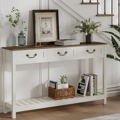 ChooChoo Farmhouse Console Table with 3 Drawers, Rustic Entryway Table, Narrow Long Sofa Table for Living Room, Hallway, Behind Couch, Soft White and Brown - color: Soft White and Brown, size: 11.81"D x 53.1"W x 31.3"H