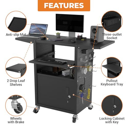 Mobile AV Cart with Pullout Keyboard Tray, Rolling Computer Cart Height Adjustable Rolling Media Utility Cart with 4 Wheels - size: Style10 24x18Wx42H