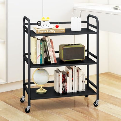 DCLRN 3 Tier Rolling Cart with Lockable Wheels Sturdy Construction,Solid Shelves,Recessed Screw Holes Ideal for Kitchen and Home Storage Size:23.6" Dx11.8 Wx29.5 H(Black) - size: Large