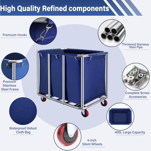 Commercial Laundry Cart with Wheels, 400L Capacity Heavy Duty Large Laundry Basket with Watertight Oxford Bag and Sturdy Steel Frame for Home, Hotel,Hospital,440 lbs(Blue) - color: Blue
