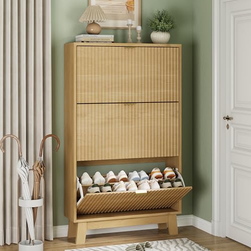 Xixini Shoe Cabinet with 3 Flip Drawers, 54" Tall Narrow Fluted Shoe Storage Organizer for Entryway, Hidden Slim Wooden Shoe Rack Cabinet for Front Door Entrance, Hallway, Living Room, Natural Oak - color: Natural Oak, size: 3 Flip Drawers