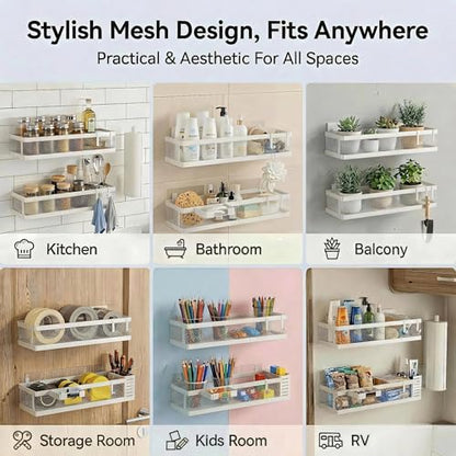PUSDON 5-in-1 16.5" Extra Long Slim Wall Mount Wrapped Mesh Kitchen Organizer & Shower Caddy Kit, with Paper Towel Holder, Utensil Holder, Soap Dish, Holds 50LBS - White, Netting - color: White, size: 5-in-1 Full Mesh (16.5" Extra Long)