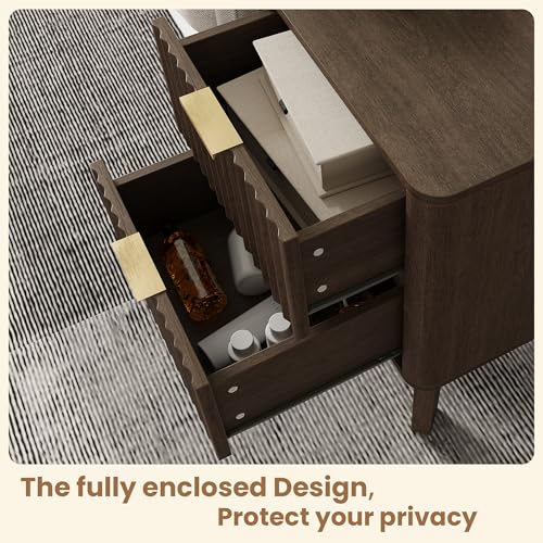 Fluted Nightstand Set of 2, Modern End Table with Metal Handle,2 Storage Drawers Side Table,Bedside Table for Bedroom,Wood Nightstands,Curved Profile Design Furnitue, Walnut - color: 2pcs_walnut