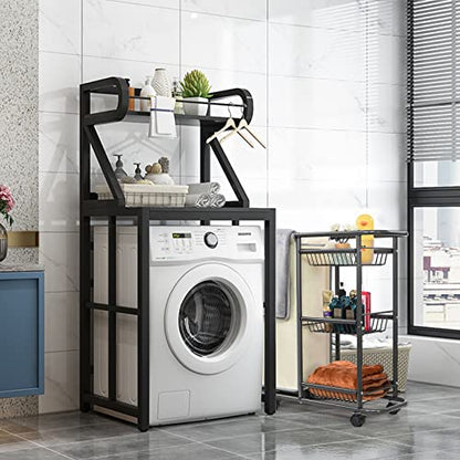 Narrow Laundry Cart with Wheels,3 Baskets and 45L Laundry Bag Metal Rolling Cart for Small Space,Laundry Room Organization and Storage for Bathroom Living Room Apartment Dorm