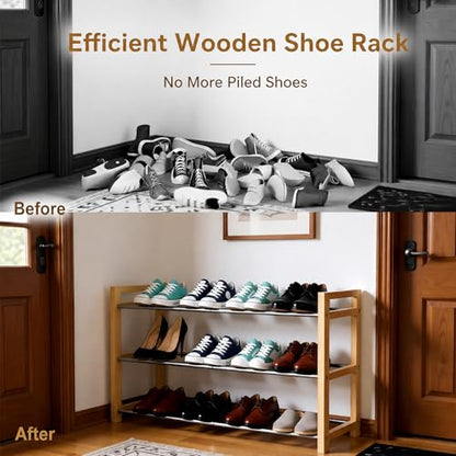 Shoe Rack Wooden, Oak Expandable Shoe Organizer, 3-Tier Stainless Steel Shoe Shelf, 17.7“-31.4” Shoe Storage 6-12 Pairs, for Closet, Garage, Narrow Spaces, Entryway, Door Entrance