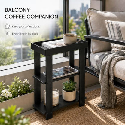 Narrow Side Table Black, 3-Tier Side Table, Rustic Farmhouse Narrow End Table with Storage, Slim Table Nightstand for Small Spaces, Bedroom or Living Room (Black) - color: Black