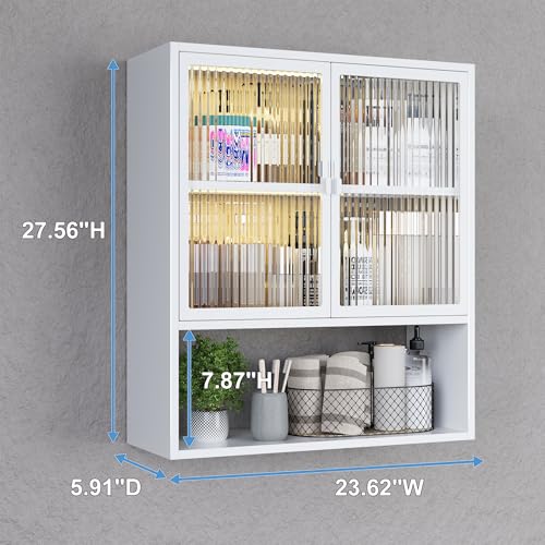 Metal Bathroom Wall Cabinet with Glass Doors | Medicine Cabinet, Wall Mounted Cabinet Over The Toilet, White Small Cupboard, 2 LED Light - style: Half Glass Door White