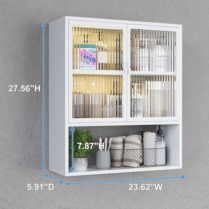 Metal Bathroom Wall Cabinet with Glass Doors | Medicine Cabinet, Wall Mounted Cabinet Over The Toilet, White Small Cupboard, 2 LED Light - style: Half Glass Door White