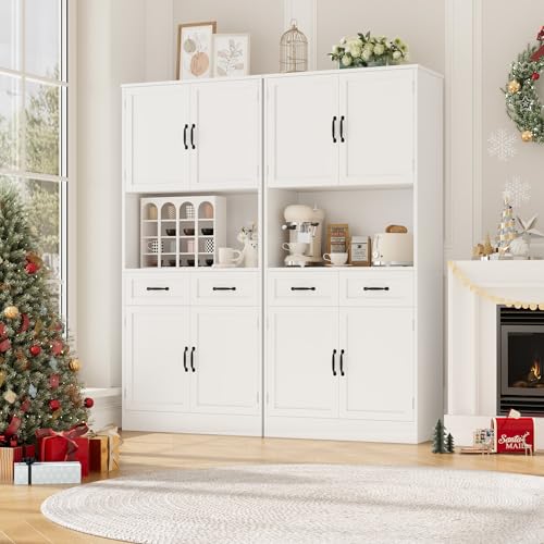 HOSTACK 71" Tall Kitchen Pantry Storage Cabinet, Wood Kitchen Hutch, White | Modern Pantry Cabinet with Microwave Stand, Hutch Cabinet with Countertop & Drawers, Storage Cabinet for Living Room - color: White