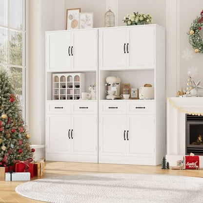 HOSTACK 71" Tall Kitchen Pantry Storage Cabinet, Wood Kitchen Hutch, White | Modern Pantry Cabinet with Microwave Stand, Hutch Cabinet with Countertop & Drawers, Storage Cabinet for Living Room - color: White