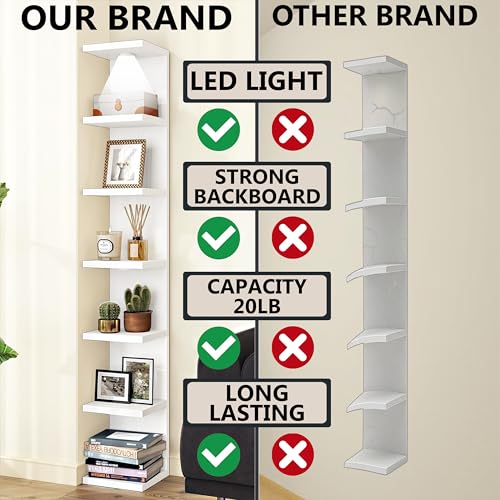 home stuff Lack Wall Shelf Unit with Extra Strong Backboard, Versatile 7 Tier Shelf Unit, White Lack Wall Shelf, Display Floating Shelf with LED Remote Control Light (White) - color: White