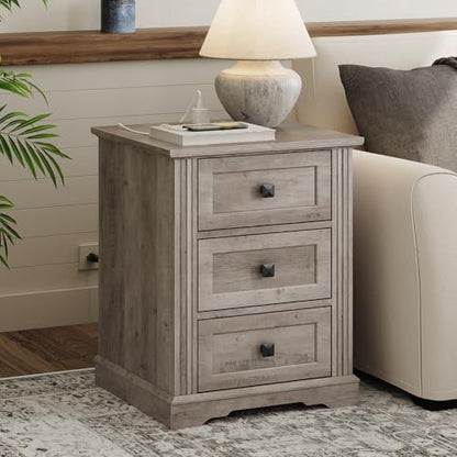 Night Stand with 3 Drawers, 18 Inch Wide End Table with Charging Station, Farmhouse Nightstand, Bedside End Tables Living Room, End Tables with Storage for Bedroom, Greige - color: Greige
