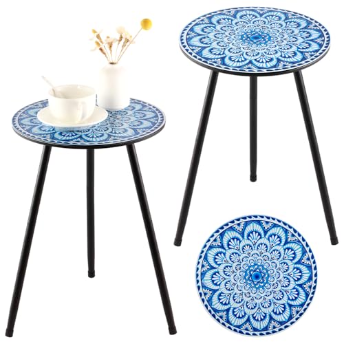 2 Packs Metal Mosaic Round Side Tables 13.4" Small Outdoor Patio Round Accent Coffee Tables Indoor Corner Stand for Small Spaces Weather-Resistant for Balcony, Porch Plant Stands Indoor, Blue Mosaic - color: Light Blue, style: 2 packs/ 13.4 in