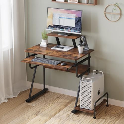 TigerDad Gaming/Computer Desk, Home Office Small Desk with Monitor Stand, Rustic Writing Desk, Dismountable Computer Tower Stand, Adjustable Storage Space, Modern Design Corner Table