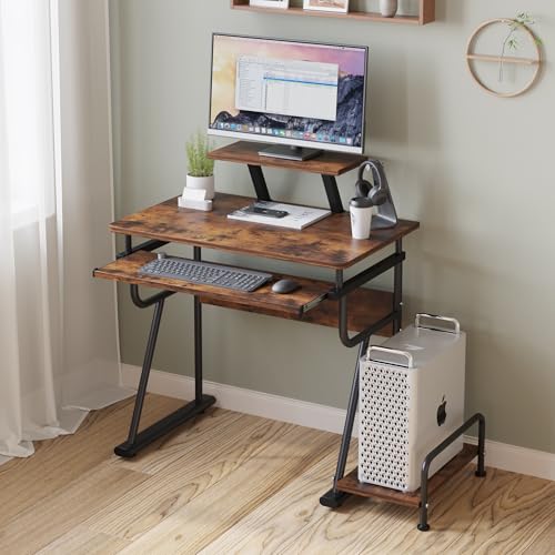 TigerDad Gaming/Computer Desk, Home Office Small Desk with Monitor Stand, Rustic Writing Desk, Dismountable Computer Tower Stand, Adjustable Storage Space, Modern Design Corner Table