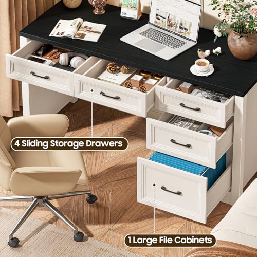 Vabches 55 Inch Farmhouse Desk with 5 Drawers, Large Home Office Computer Desk with Adjustable File Drawer, Executive Workstation with Storage for Study Writing Work, Black