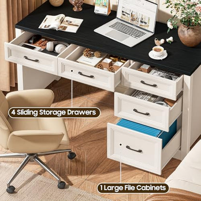 Vabches 55 Inch Farmhouse Desk with 5 Drawers, Large Home Office Computer Desk with Adjustable File Drawer, Executive Workstation with Storage for Study Writing Work, Black