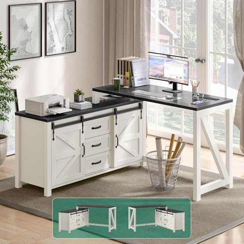 Executive L Shaped Office Desk with Drawers, Farmhouse Corner Desk for Home Office with Storage Cabinet, Computer Desk with Charging Station, Reversible Study Writing Table Workstation, Rustic White - color: White