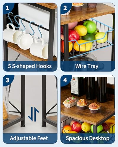 Garvee Kitchen Bakers Rack with Power Outlet, 35 * 60inch Microwave Oven Stand with Storage 4 Tiers, Coffee Bar Table with 5 S Hooks, Kitchen Storage Shelf Rack for Spices, Pots, Rustic Brown - size: 35*60