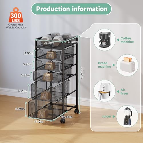 keomaisyto 6-Tier Kitchen Storage Cart with Top Basket & Drawers, Utility Fruit Vegetable Storage Rack on Lockable Wheels, Metal Rolling Snack Cart, Kitchen Organization for Potatoe Onion Can Spice - size: 6-Tier