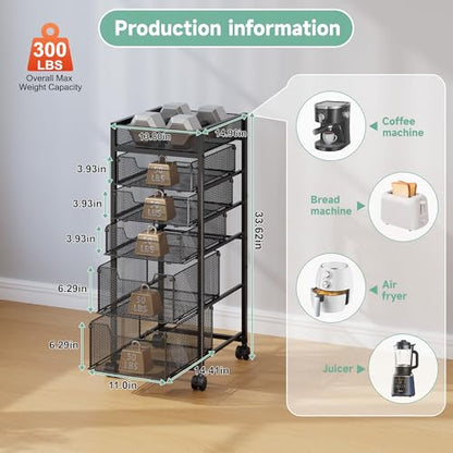 keomaisyto 6-Tier Kitchen Storage Cart with Top Basket & Drawers, Utility Fruit Vegetable Storage Rack on Lockable Wheels, Metal Rolling Snack Cart, Kitchen Organization for Potatoe Onion Can Spice - size: 6-Tier