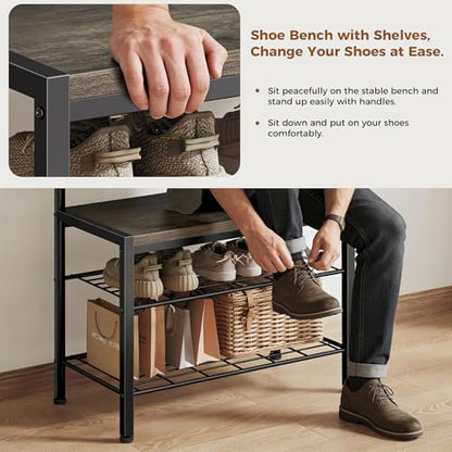 NEWBULIG Coat Rack, Hall Tree with Shoe Bench, 4-in-1 Entryway Organizer with 10 Hooks and Storage Shelf, Rustic Wood Entryway Bench for Mudroom, Living Room, Bedroom, Grey - color: Deep Grey