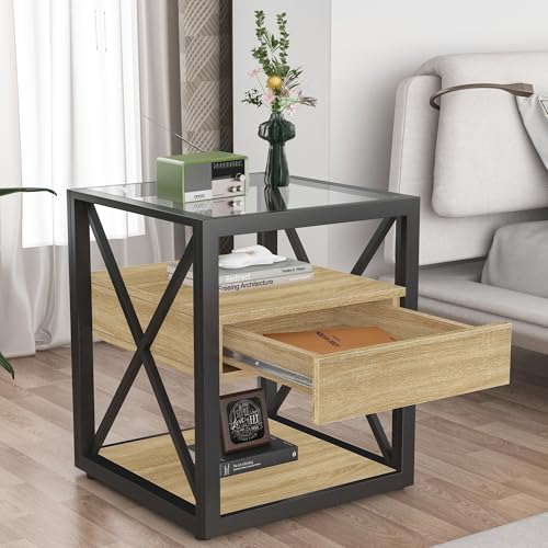 Bellemave 1 piece Small End Table with Drawer, Nightstand for Bedroom & Living Room, Wood MDF &Tempered Glass, Metal Frame, Industrial Style Side Table,Easy Assemble, Natural - style: with drawer