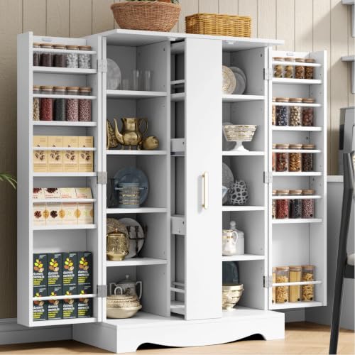 kepptory 47“ White Kitchen Pantry Cabinet with 3 Doors, Adjustable Shelves, | Pull-Out Side Spice Racks, Freestanding Food Storage Cupboard for Kitchen, Dining Room, Living Room - color: White, size: 47"H x 29"W x 15.8"D