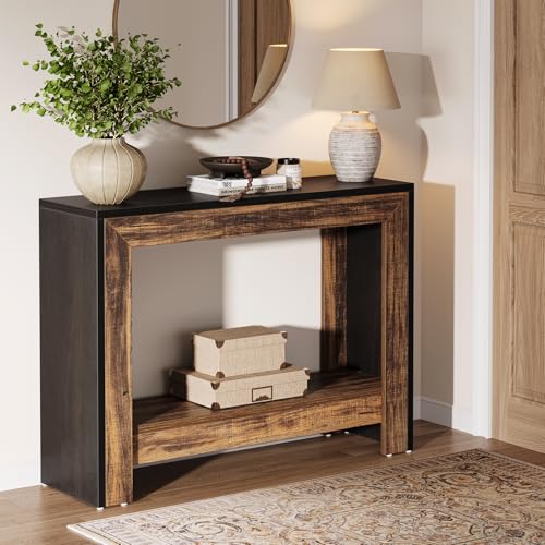 Tribesigns 41.3" Farmhouse Console Table, Behind Couch Sofa Table with Open Storage Shelves for Living Room, Hallway, Foyer, Easy Assembly, Black + Brown