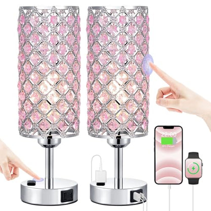 Hong-in Pink Crystal Lamp Set of 2, 3 Way Dimmable Touch Lamp for Bedroom with Crystal Shade, Bedside Nightstand Lamps for Living Room Bedroom Home Office - color: B-Pink
