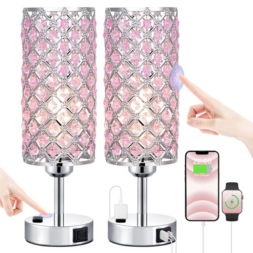Hong-in Pink Crystal Lamp Set of 2, 3 Way Dimmable Touch Lamp for Bedroom with Crystal Shade, Bedside Nightstand Lamps for Living Room Bedroom Home Office - color: B-Pink