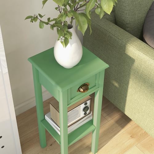 HOMCOM Narrow End Table with Drawer and Bottom Shelf Set of 1 Green | Tall Telephone Table, Skinny Modern Design, for Small Spaces, Living Room - color: Green