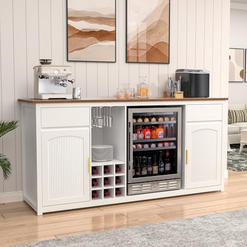 GDLF Extra Long Bar Cabinet with Fridge Space, Modern Wine Liquor Cabinet with Storage and Power Outlet, Buffet Sideboard with Fluted Doors for Home, 78.7 Inch, White - color: White, size: 78.7"