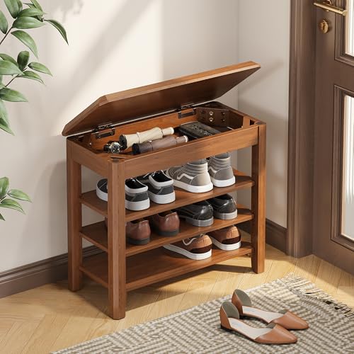 IUNVR Shoe Rack Bench Seat Rubberwood 3-Tier Wooden Storage Bench 550lbs Compact Mid-Century Modern Design for Entryway, Hallway, Closet, Front Door Entrance, Foyer - color: Walnut-3 Tier(wood), size: 23.6"W x 11.8"D x 20.5"H