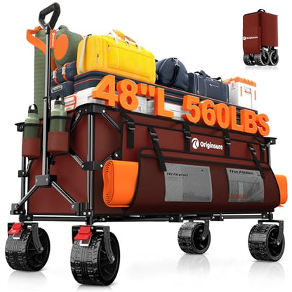 Originsure 300L Collapsible Beach Wagon Cart with Big Wheels, 560lbs, Red | 48" Foldable Utility Wagon,7" All-Terrain Wheels,Heavy Duty Frame,Compact&Space-Saving,for Camping,Sports,Grocery,Garden - color: Red