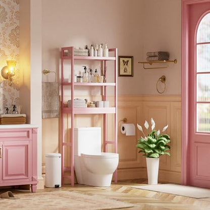 SMIBUY Bathroom Storage Shelf, Bamboo Over-The-Toilet Organizer Rack, Freestanding Toilet Space Saver with 3-Tier Adjustable Shelves (Pink) - color: Pink